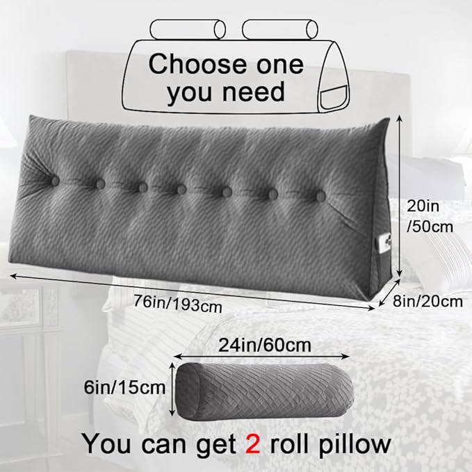 Velvet Triangular Headboard Wedge Pillow With Roll Pillow,Removable Cover Headboard Pillow Daybed Bunk Bed,Backrest Positioning Support Pillow Resting Reading Relaxing (Grey, King(76 * 20 * 8in))