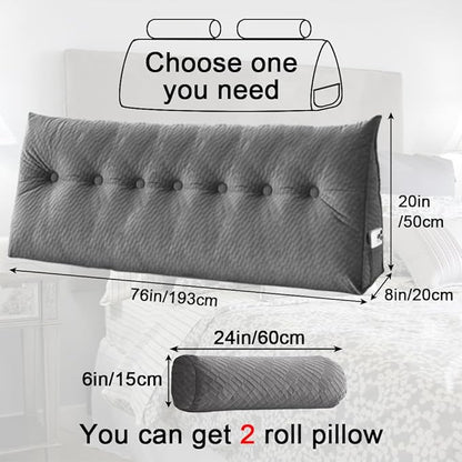 Velvet Triangular Headboard Wedge Pillow With Roll Pillow,Removable Cover Headboard Pillow Daybed Bunk Bed,Backrest Positioning Support Pillow Resting Reading Relaxing (Grey, King(76 * 20 * 8in))