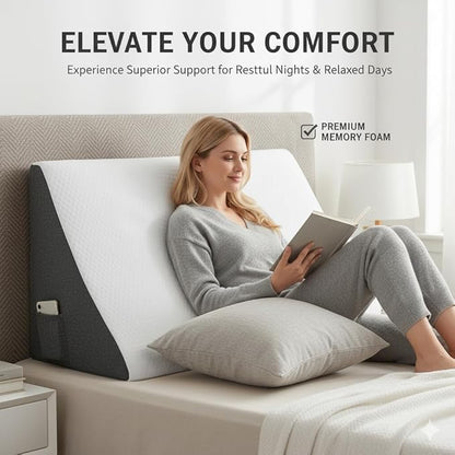 Wedge Pillow for Sleeping – Memory Foam Bed Wedge for Acid Reflux, Snoring, Back & Leg Elevation, Post-Surgery Recovery – Ergonomic Triangle Pillow with Removable White & Grey Washable Cover
