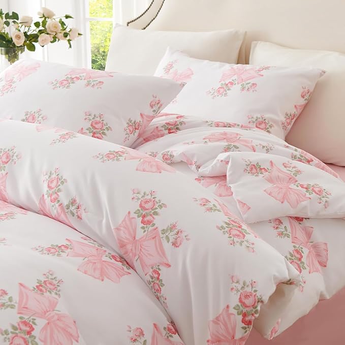 Pink Bow Duvet Cover King 3Pcs Pink Floral Bedding Set for Girls Kids,Cute Princess Style Bowknot Bedding,Ultra Soft Garden Flower Bedding with 2 Pillowcases(No Comforter)