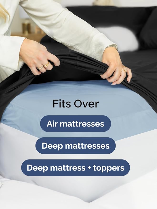 Extra Deep Split King Sheet Set - 7 Piece Breathable & Cooling Sheets - Hotel Luxury Bed Sheets Set - Easy & Secure Fit - Soft, Wrinkle Free & Comfy Sheets Set - Black Sheet Set w/Extra Deep Pockets