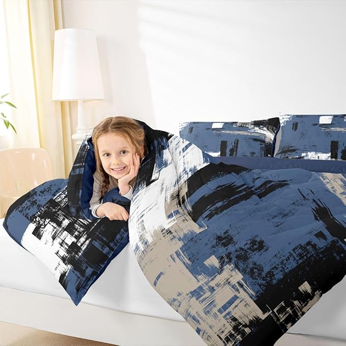 Feelyou Abstract Bedding Set Kids Modern Abstract Art Comforter Set Blue Black White Comforter for Boys Room Decor Lightweight Duvet Set Full Size with 2 Pillow Case