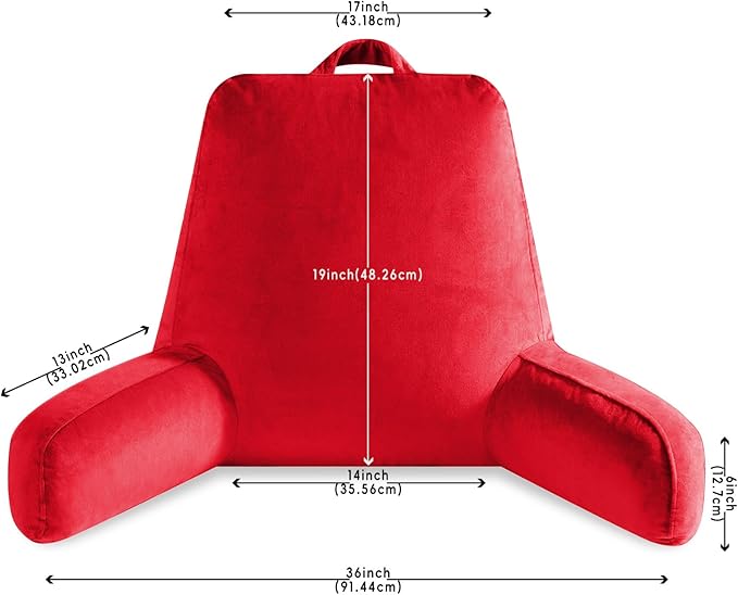 Reading Pillow for Sitting in Bed Adult, Reading Pillow with Shredded Memory Foam, Bed Pillow with Washable Cover, Back Pillow Sitting Up with Extend Arms, Red, X-Large