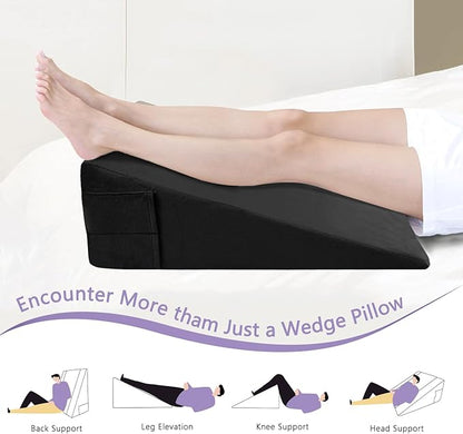 Memory Foam Bed Wedge Pillow (10"x24"x24") - Acid Reflux & Back Pain Relief, Anti-Snoring Incline Design, Removable Washable Cover for Sleep & Post-Surgery Support