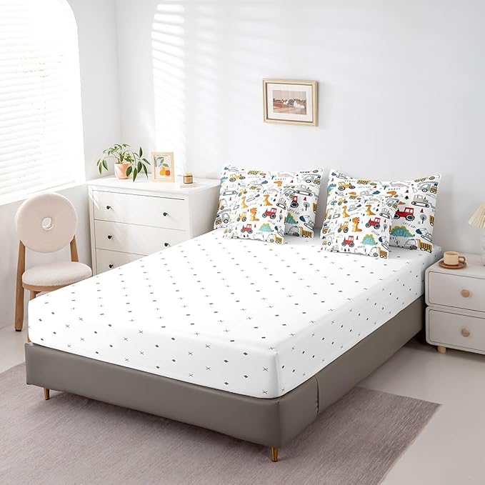 Feelyou Construction Comforter Set with Sheets 7 Piece Twin Size Kids Cartoon Dinosaur Bed in a Bag for Boys Equipment Trucks Bedding Set Construction Vehicles Kawaii Jungle Dino Bed Set Room Decor