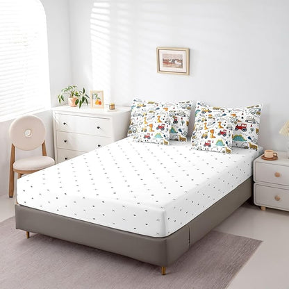 Feelyou Construction Comforter Set with Sheets 7 Piece Twin Size Kids Cartoon Dinosaur Bed in a Bag for Boys Equipment Trucks Bedding Set Construction Vehicles Kawaii Jungle Dino Bed Set Room Decor