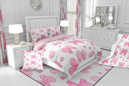 jejeloiu Pink Bowknot Comforter Set King Size Cartoon Bow Bedding Set for Kids Boys Girls Cute Love Heart Duvet Quilt White Pink Bedroom Decor Microfiber 3 Pcs with 2 Pillow Cases