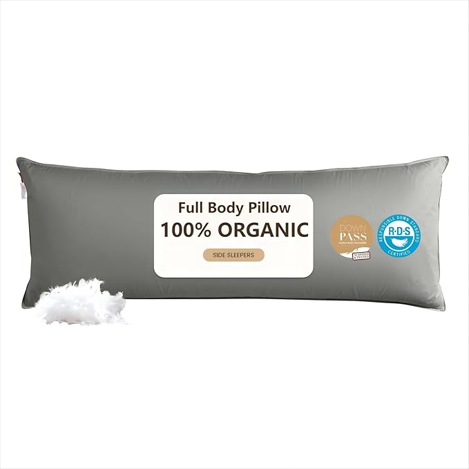 Goose Down Body Pillows for Adults, Large Body Pillow for Side Sleeper, Hugging Feather Body Pillow Insert, Cooling Full Length Long Pillow for Bed with 100% Organic Cotton Shell, 20"x54" Dark Grey