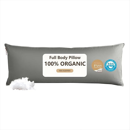 Goose Down Body Pillows for Adults, Large Body Pillow for Side Sleeper, Hugging Feather Body Pillow Insert, Cooling Full Length Long Pillow for Bed with 100% Organic Cotton Shell, 20"x54" Dark Grey