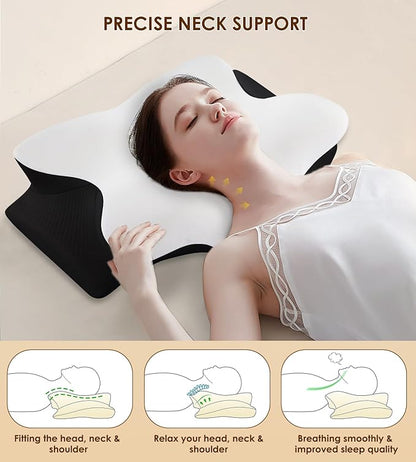 Cervical Neck Pillow for Pain Relief, Ergonomic Memory Foam Pillows for Sleeping with Washable Pillowcase & 2 Height Options, Cooling Contour Neck Support Pillow for Back Stomach Side Sleepers
