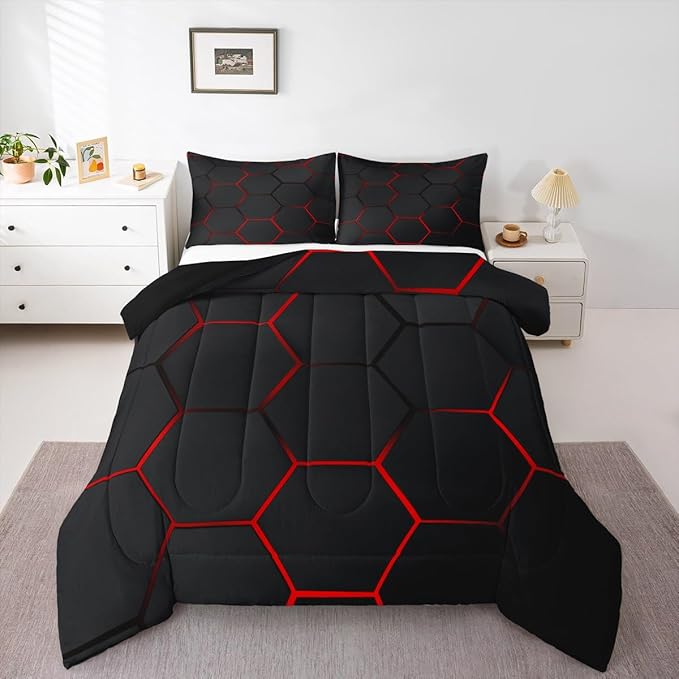 Feelyou Honeycomb Bedding Set Honeycomb Modern Hexagon Theme Comforter Set for Kids Boys Children Geometrical Comforter Ultra Soft Beehive Black Red Decor Duvet Set King Size