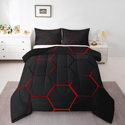 Feelyou Honeycomb Bedding Set Honeycomb Modern Hexagon Theme Comforter Set for Kids Boys Children Geometrical Comforter Ultra Soft Beehive Black Red Decor Duvet Set Queen Size