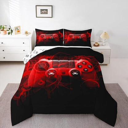 Feelyou Kids Gaming Comforter Set Twin Size Gamer Bedding Set for Boys Teens Gamer Bedroom Decor Youth Video Game Comforter Red Black with 1 Pillow Case