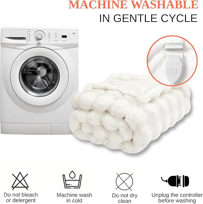 Electric Heated Blanket Throw 50"x60" White Ultra Soft Luxury Fluffy Faux Rabbit Fur Machine Washable 6 Heat Settings 4 Hours Auto Off Overheat Protection for Home Office Use