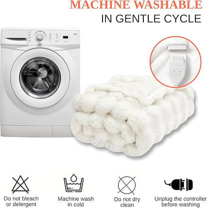 Electric Heated Blanket Throw 50"x60" White Ultra Soft Luxury Fluffy Faux Rabbit Fur Machine Washable 6 Heat Settings 4 Hours Auto Off Overheat Protection for Home Office Use