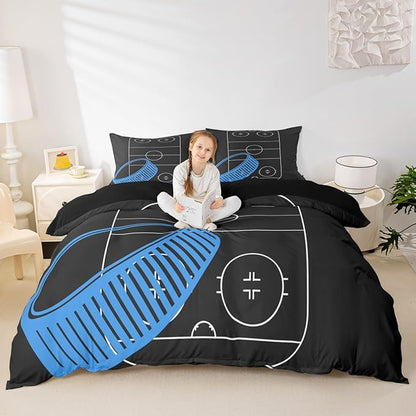 Castle Fairy Ice Hockey Rink Print Comforter Cover,Boys Ball Sports Games Themed Bedding Set for Modern Room,Blue Stick Sporting Equipment Duvet Cover with 2 Pillowcases, Queen 90''x90''