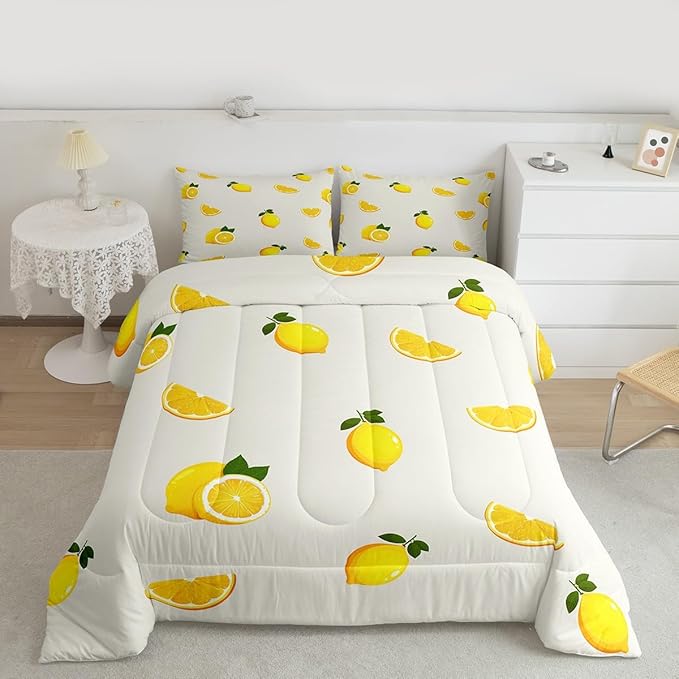 Lemon Comforter Set for Boys Girls Kids Teens,3-Pieces Yellow Fruit Print Bedding Comforter Full Size,Summer Cool Printed Quilt Set with 2 Pillowcases