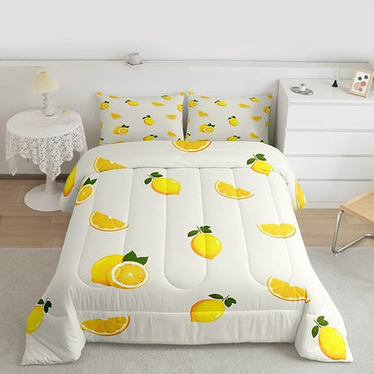Lemon Bedding Yellow Fruit Print King Comforter Set Summer Cool Cartoon Lemon Comforter Set for Girls Women,Soft,Breathable,Fade Resistant 3 Pieces- Includes 1 Comforter and 2 Pillowcase，Yellow