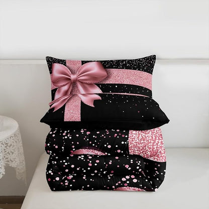 Bowknot Comforter Set Full Size,Diamond Print (No Glitter) Bedding Set for Girls Women Adult Bedroom Decoration,Kids Pink and Black Bed Duvet Insert,Luxury Art Comforter with 2 Pillowcase