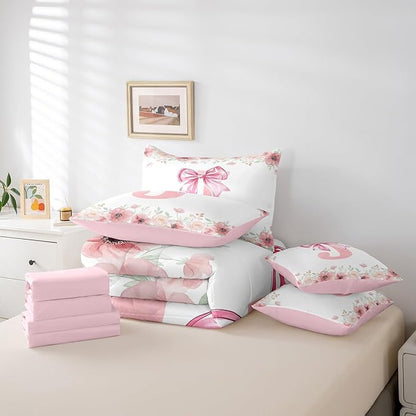 Erosebridal Pink Bowknot King Bedding Sets for Girls,Initial Letter J Bed in A Bag for Kids Teen Women Room Decor, Romantic Flower Floral Bed Set Bedroom Decor King Size 7-Piece