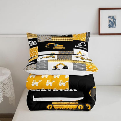 Feelyou Excavator Comforter Construction Vehicles Comforter Set Equipment Trucks Bedding Set for Children Kids Boys Girls Cartoon Car Duvet Set Geometric Lattice Room Decor Quilt Set Twin Size
