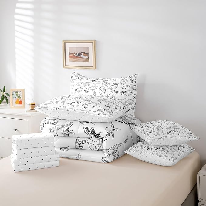 Feelyou Dinosaur Comforter Set With Sheets 7 piece Queen Size 3D Digital Print Bedding Set Jungle Dino Bed in a Bag Wild Animal Black and White Bed Set with Comforter,Sheets,Pillowcases,Cushion Covers