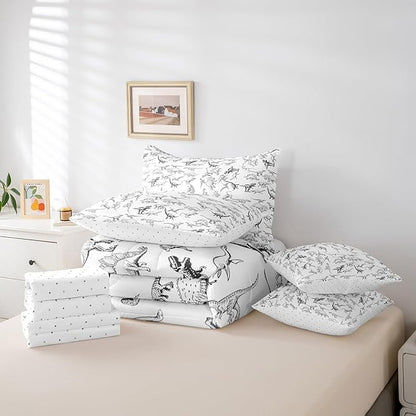Feelyou Dinosaur Comforter Set With Sheets 7 piece Queen Size 3D Digital Print Bedding Set Jungle Dino Bed in a Bag Wild Animal Black and White Bed Set with Comforter,Sheets,Pillowcases,Cushion Covers