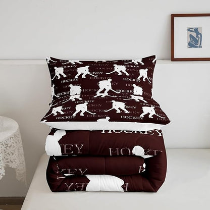 Castle Fairy Ice Hockey Comforter Set,Red Brown Hockey Player Bedding Set for Kids Girls Women,Adults Winter Sports Comforter,Hockey Sports Event Quilted Duvet Set Bedroom Collection Twin Size 2Pcs