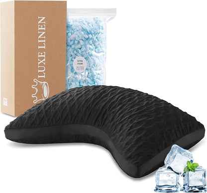 Side Sleeper Pillows for Adults, Adjustable Shredded Memory Foam Bed Pillows for Neck and Shoulder Pain, Standard Black Cooling Curved Pillows with Washable Cover & Extra Foam Bag