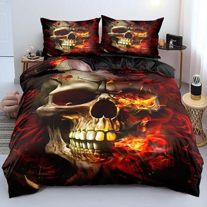 Burning Skull and Red Roses Queen Size Duvet Cover Set Flowers Comforter-Cover and Pillowcases Black Background Burning Gothic and Florals Print Bedding Set Bedroom Decor