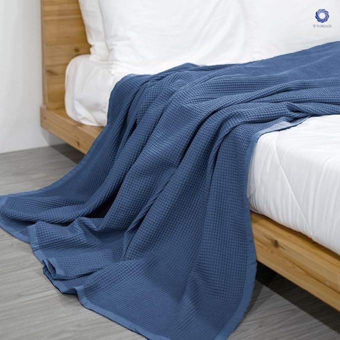 GOTS Certified Organic Cotton Waffle Weave Blanket, Twin Bed Size, 66"X90"Cozy Throw Blanket for Couch, Modern Home Decor, Throw Blankets,Comfy Waffle Blanket Soft Bed Blankets -Navy Blue