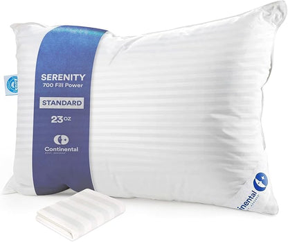 Continental Bedding | Serenity Goose Down Pillow | 700 Fill Power Hungarian White Down | 400TC Cotton Damask Shell | Made in USA | Standard, Firm with Protector