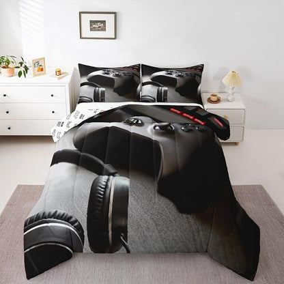 Feelyou Gaming Bedding Set Boys Game Controller Comforter for Kids Girls Teens Modern Gamer Headset Comforter Set Youth Gaming Console Video Game Decor Duvet Set with 2 Pillow Case Full Size Black