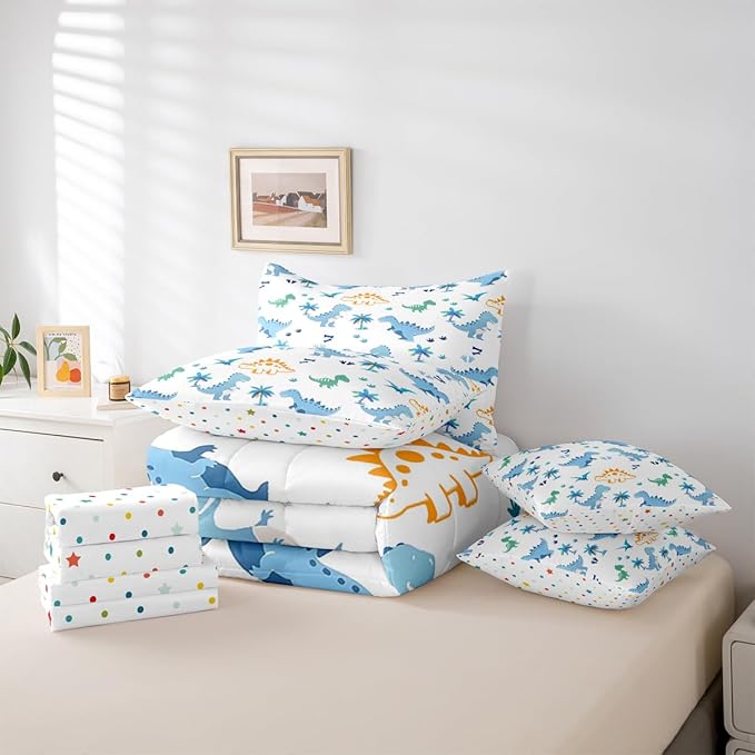 Feelyou Cute Dinosaur 7 Piece Bedding Set Blue Dinosaur Comforter Set with Sheets for Kids Boys Girls Coconut Palm Bed in a Bag Animal Theme Bed Set Soft Lightweight