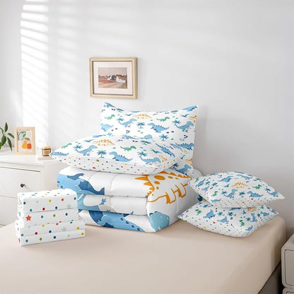 Feelyou Cute Dinosaur 7 Piece Bedding Set Blue Dinosaur Comforter Set with Sheets for Kids Boys Girls Coconut Palm Bed in a Bag Animal Theme Bed Set Soft Lightweight