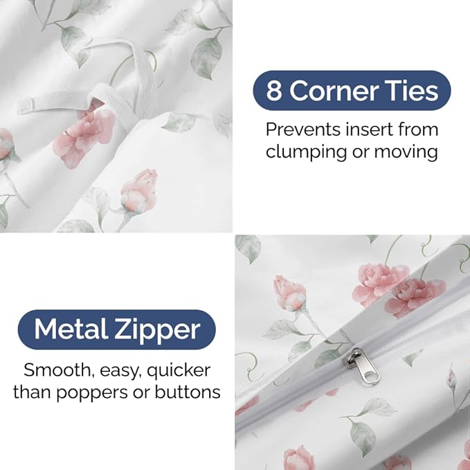Duvet Cover Queen Size Set - Extra Soft Floral Duvet Cover 90 x 90 with 2 Pillow Shams - Comfy, Breathable Floral Bedding Set - Hotel Luxury Easy-Care & Fade Free with Zipper Closures & Ties - Rosebud