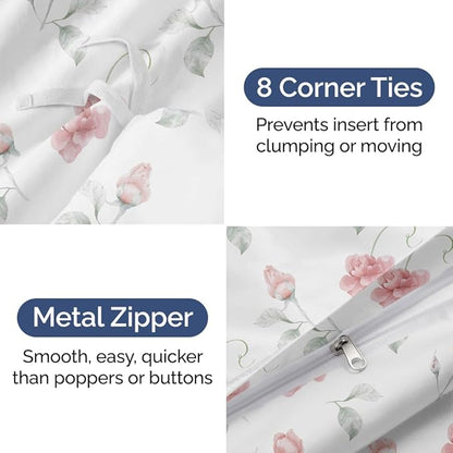 Duvet Cover King Size Set - Extra Soft Floral Duvet Cover 104 x 90 with 2 Pillow Shams - Comfy, Breathable Floral Bedding Set - Hotel Luxury Easy-Care & Fade Free with Zipper Closures & Ties - Rosebud