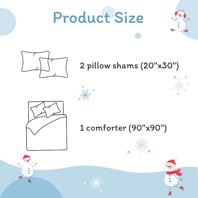 JSD Blue Snowman Kids Comforter Set Queen Size, 3 PC Christmas Winter Printed Microfiber Bedding Set for Boys Girls Teens