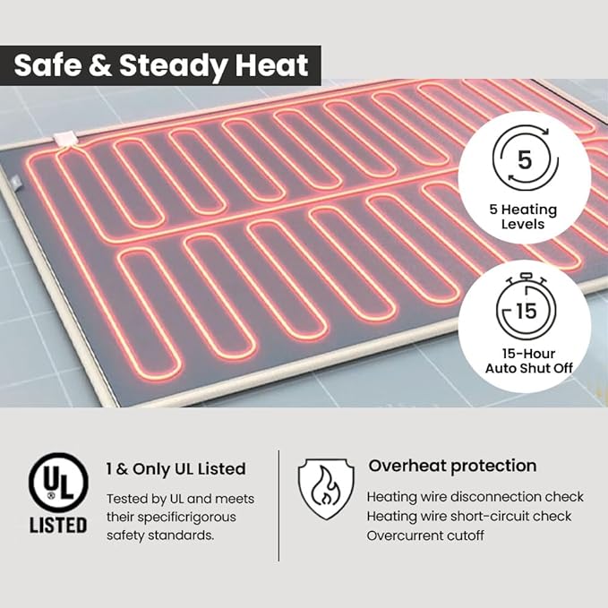 Heated Mattress Pad, Machine Washable, Auto 15 Hours Shut Off, 5 Heating Setting, Radiation Blocking, Wicking AeroSilver Material, Bed Warmer with Dual Controller, UL Listed (Double)