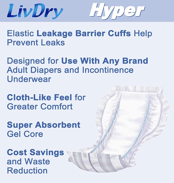 LivDry High Absorbency Pad Insert for Incontinence Briefs and Adult Diapers, Women and Men, Hyper 2400 (72 Count)