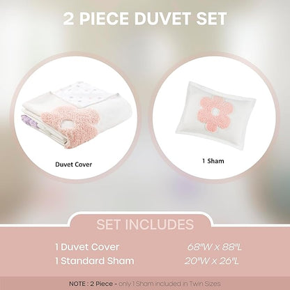 Intelligent Design Kids Twin Duvet Cover Set for Girls, Tufted Chenille Floral Duvet Set Twin, Lightweight Polka Dot Duvet Reversible Bedding Cover, Sham, Pillow, Gracie, Twin White/Purple 3 Piece