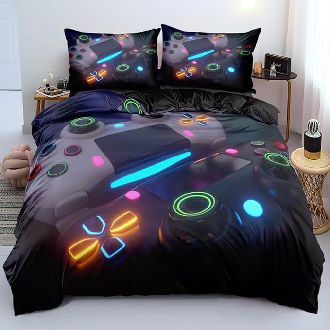 Queen Size Black Gaming Bedding Collection - Duvet Cover Set with Comforter Cover and Pillowcases, RGB Illuminated Controller Design for Teen Gamers Bedroom, Themed Bed Set Decor