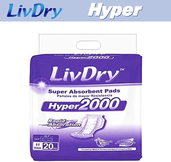 LivDry High Absorbency Pad Insert for Incontinence Briefs and Adult Diapers, Women and Men, Hyper 2000 (20 Count)