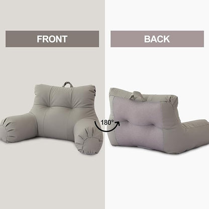A Nice Night Faux Leather Reading Pillow for All Season,Wedge Bedrest Pillow Backrest with Arms Back Support for Sitting Up in Bed/Couch,Grey