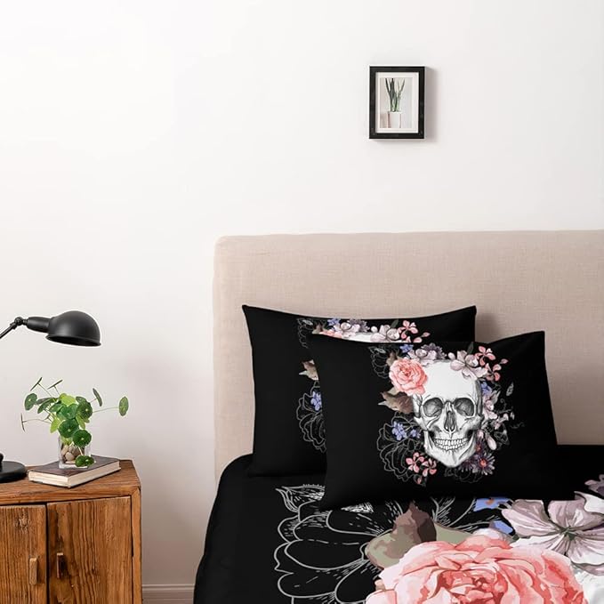 Classic Skull and Roses Duvet Cover Set Twin Size Gothic Skull Bedding Set Skeleton Bones Comforter Cover for Kids Adults Women Room Decor