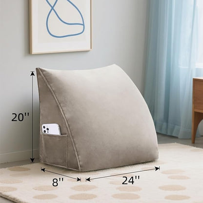 Wedge Headboard Reading Pillow for Bed Velvet Triangular Backrest Bolster Pillow for Sitting Up Daybed Cushion Lumbar Body Support Positioning for Headboard, Couch, Dorm, Camel