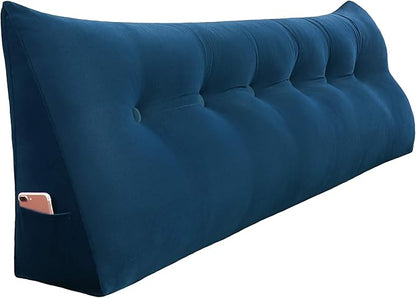 WOWMAX 100% Cotton Velvet Headboard Pillow – California King Wedge Back Support Reading Bolster for Bed & Daybed, Handmade Firm Support Cushion with Removable Cover, Soft Bed Rest Pillow, Deep Blue
