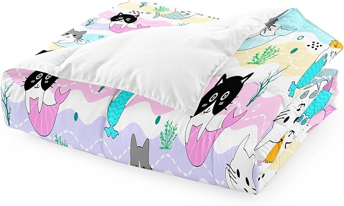 Girls Cat Bedding Set - Queen Size, 3Pcs Cute Cartoon Mermaid Tail Cat Patterns Comforter Set for Girls Boys Kids Bedroom Decor, 1 Comforter 2 Pillow Cases