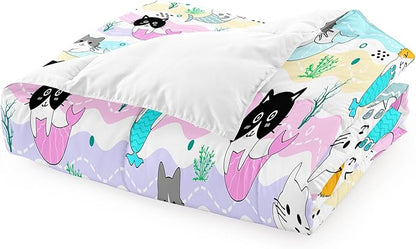 Cartoon Cat Comforter Set for Girls - Full Size Girls Bedding Set for Bedroom - Ultra Soft Warm Cute Mermaid Tail Cat Patterns - 1 Comforter with 2 Pillowcases