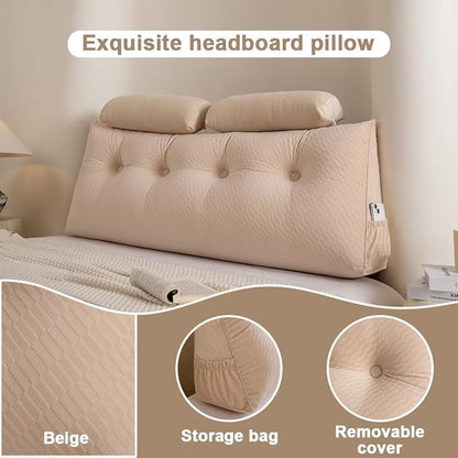 Velvet Triangular Headboard Wedge Pillow With Roll Pillow,Removable Cover Headboard Pillow Daybed Bunk Bed,Backrest Positioning Support Pillow Resting Reading Relaxing (Beige, Full(54 * 20 * 8in))